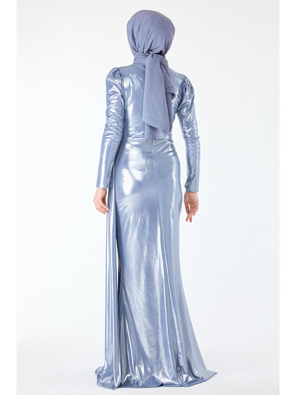 Düz Orta Kadın Gri Beli Taşlı Uzun Kol Abiye Elbise - 24411-6