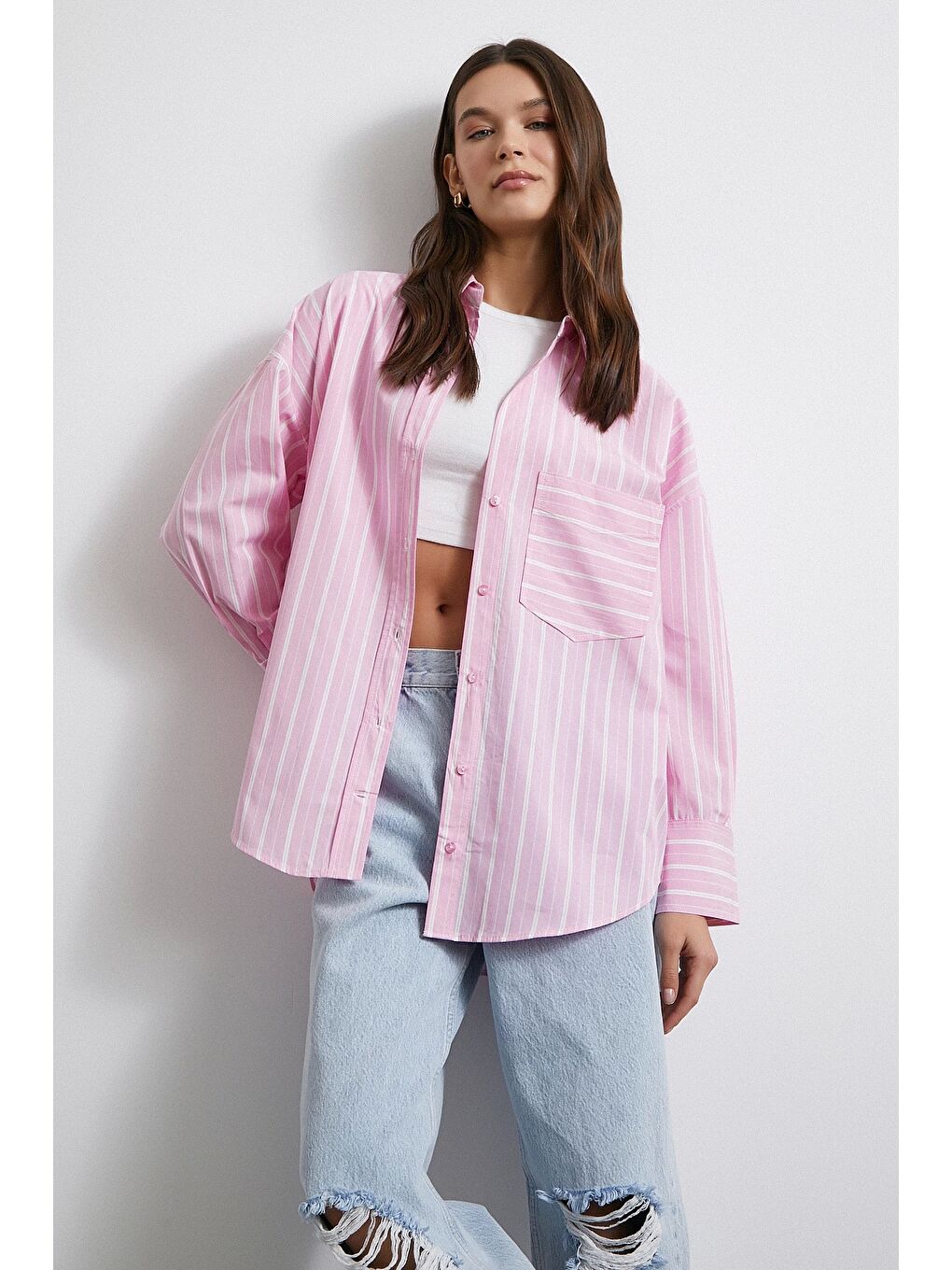 Basic Oxford Çizgili Gömlek Pembe-2