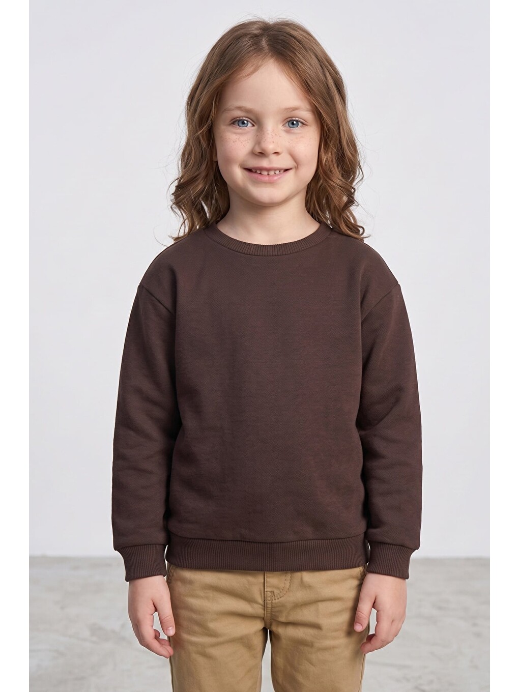 Kahverengi 3 İplik Basic Unisex Çocuk Sweatshirt