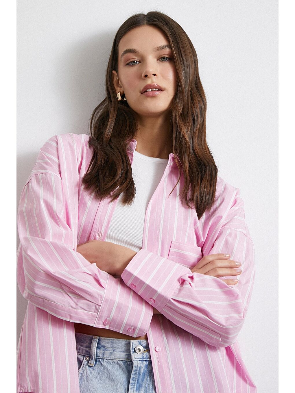Basic Oxford Çizgili Gömlek Pembe-3