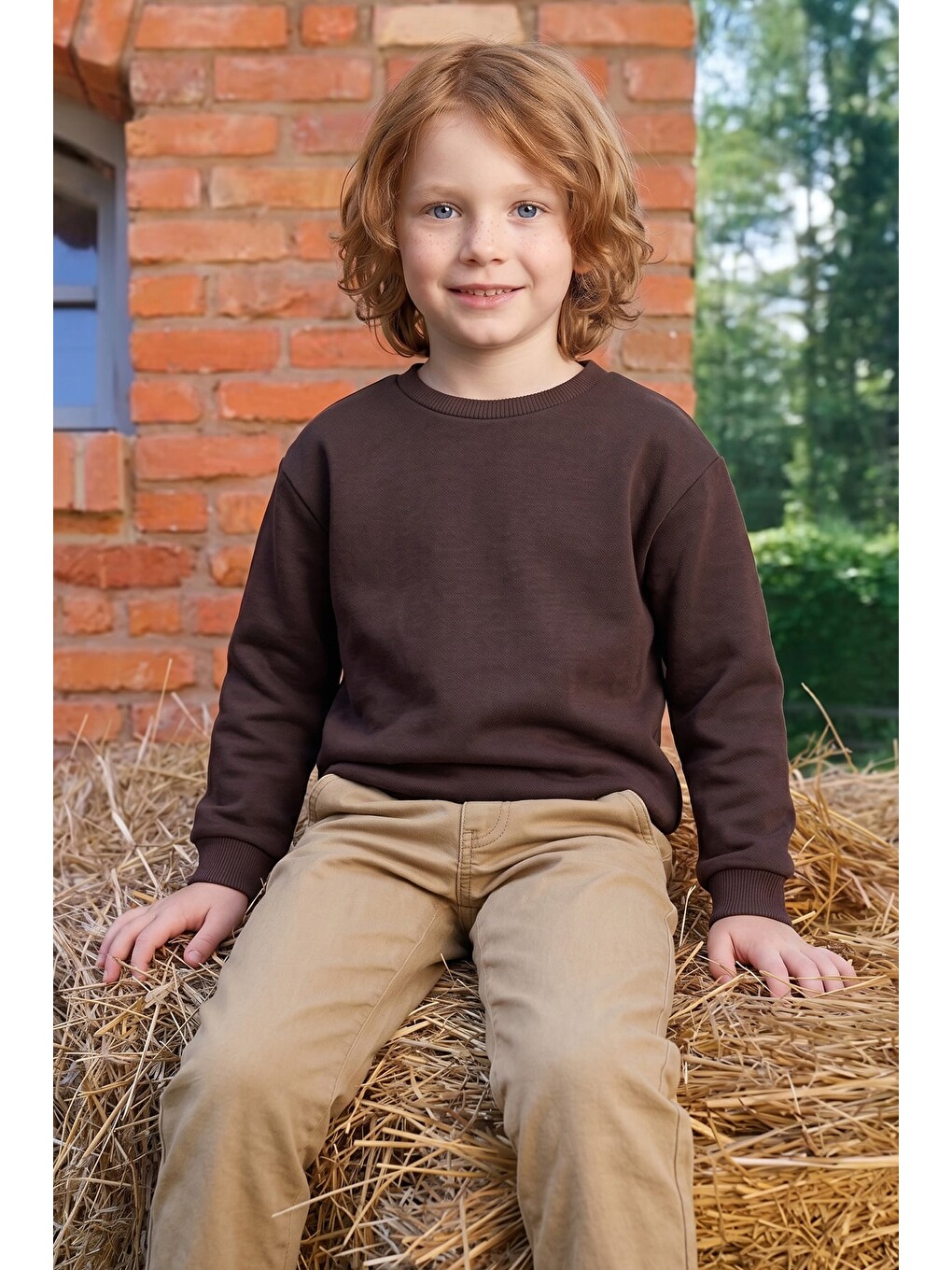 Kahverengi 3 İplik Basic Unisex Çocuk Sweatshirt-1