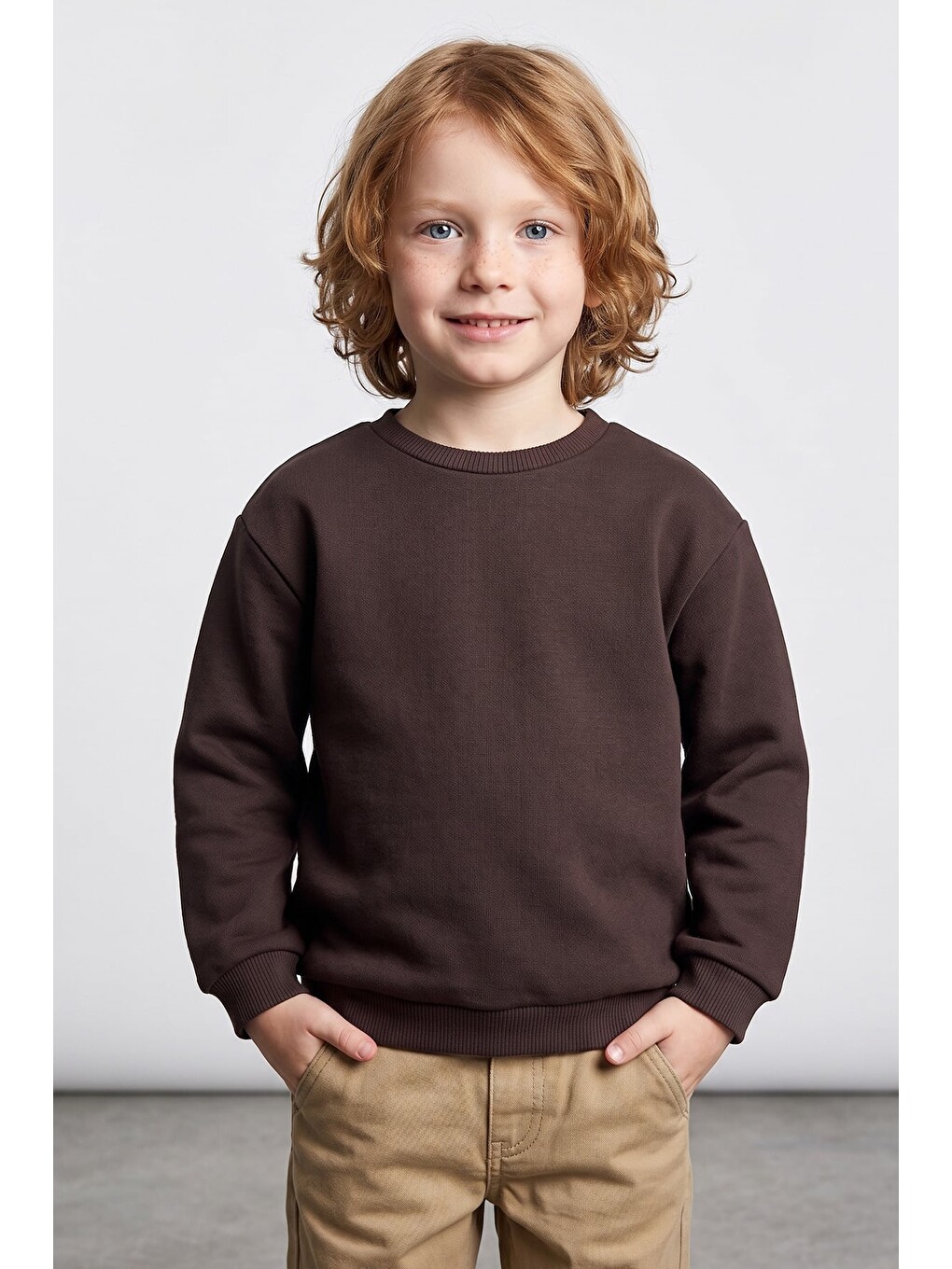 Kahverengi 3 İplik Basic Unisex Çocuk Sweatshirt-2