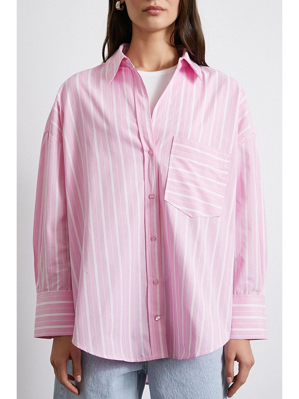 Basic Oxford Çizgili Gömlek Pembe-4