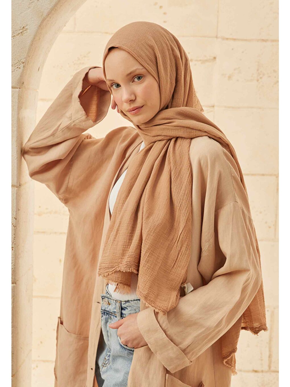 Bej Organik Pamuk Şal Nude-1