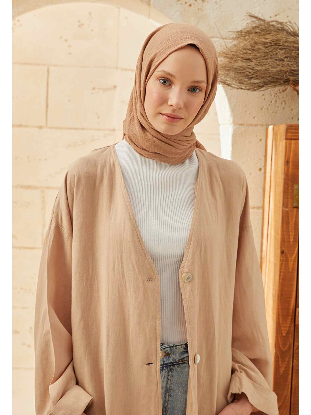 Bej Organik Pamuk Şal Nude-2