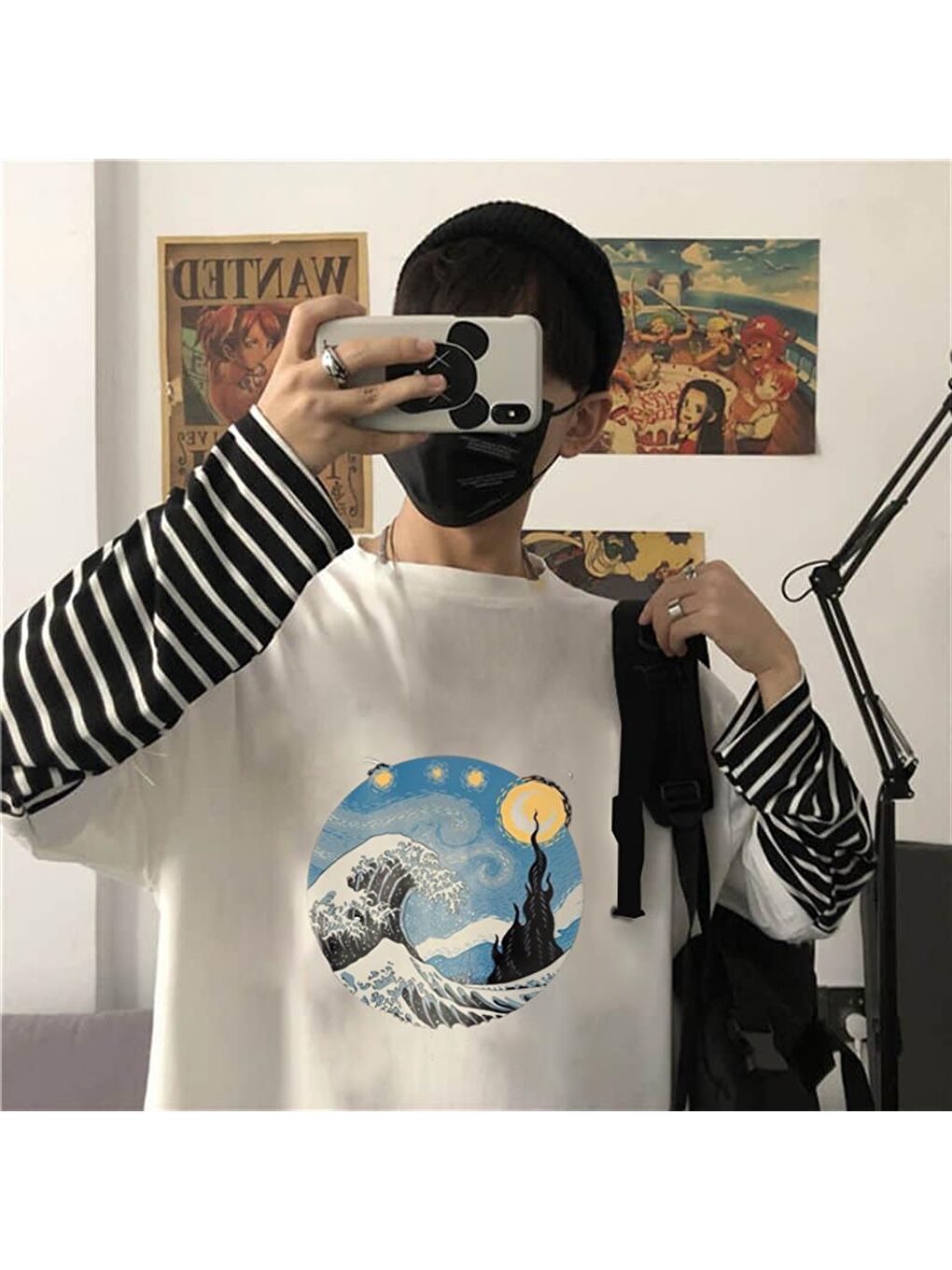 Touz Moda Beyaz Kanagawa Oki Nami Ura Baskılı Fake Sleeves Unisex Beyaz T-shirt