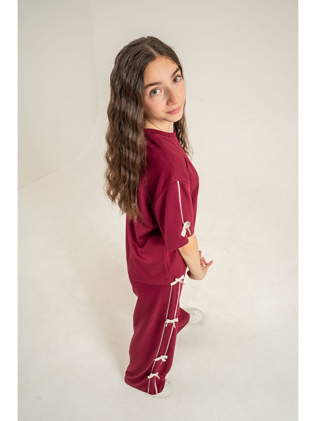 Bordo Üst Kollar Fiyonklu Alt Fiyonklu Yumaşak Dokulu-Comfort Kumaş Kız Çocuk Alt Üst Eşofman Takımı-5