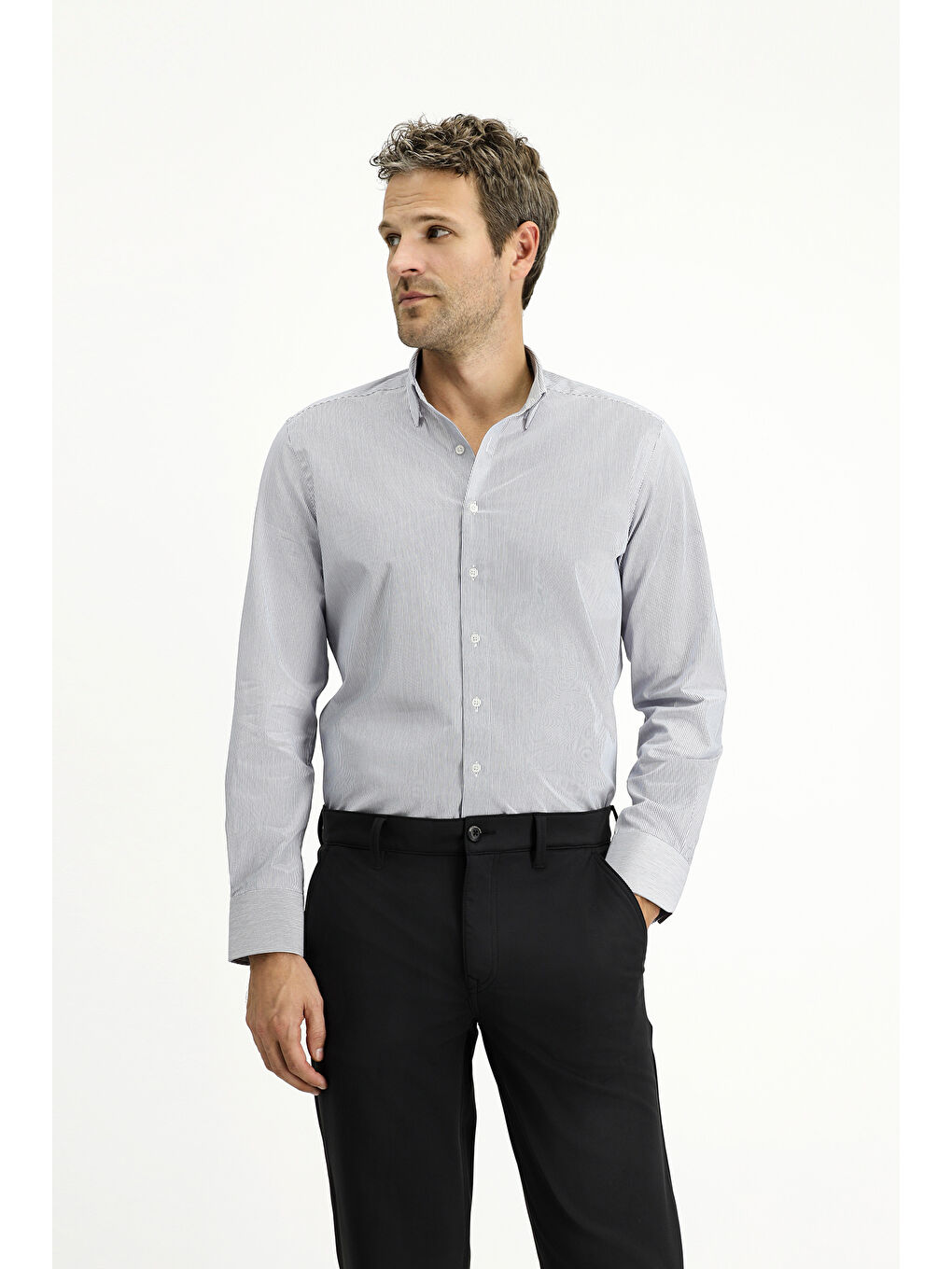 Lacivert Uzun Kol Slim Fit Dar Kesim Klasik Çizgili Pamuk Gömlek