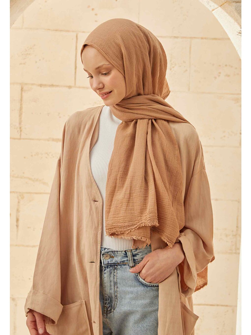 Bej Organik Pamuk Şal Nude-3