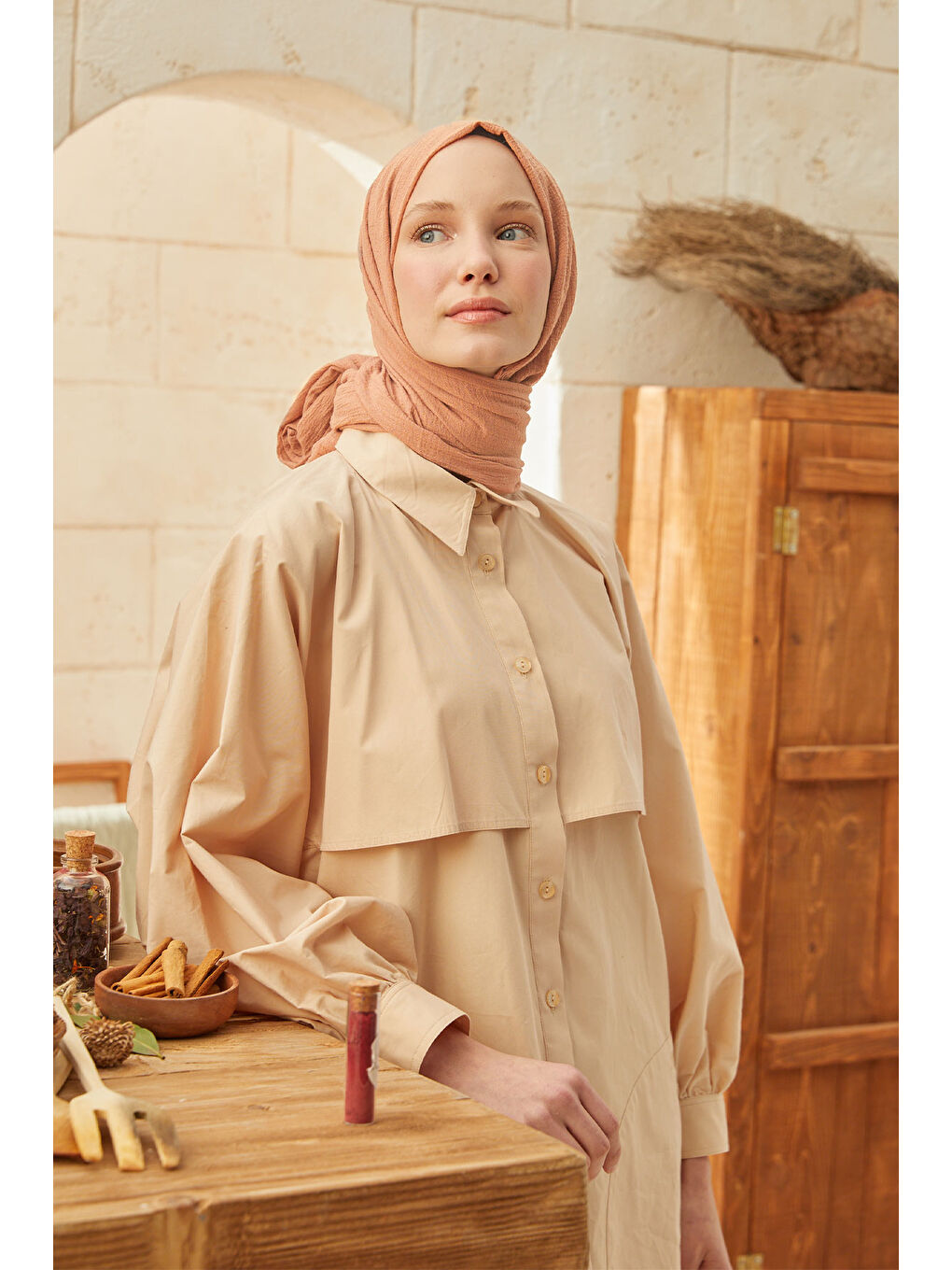 Bej Organik Pamuk Şal Nude-4