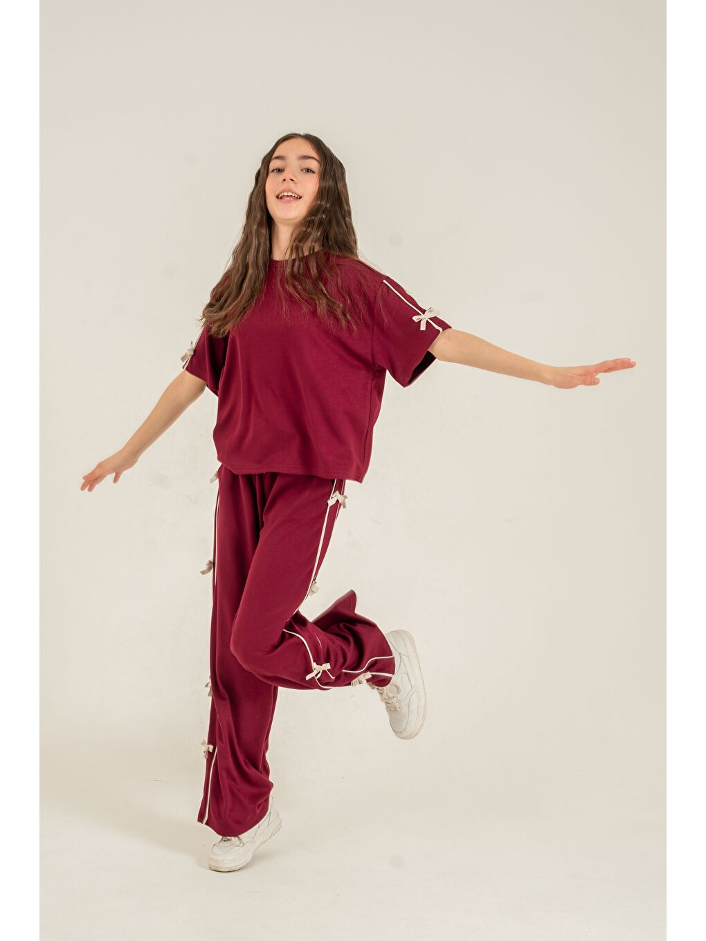 Bordo Üst Kollar Fiyonklu Alt Fiyonklu Yumaşak Dokulu-Comfort Kumaş Kız Çocuk Alt Üst Eşofman Takımı-6