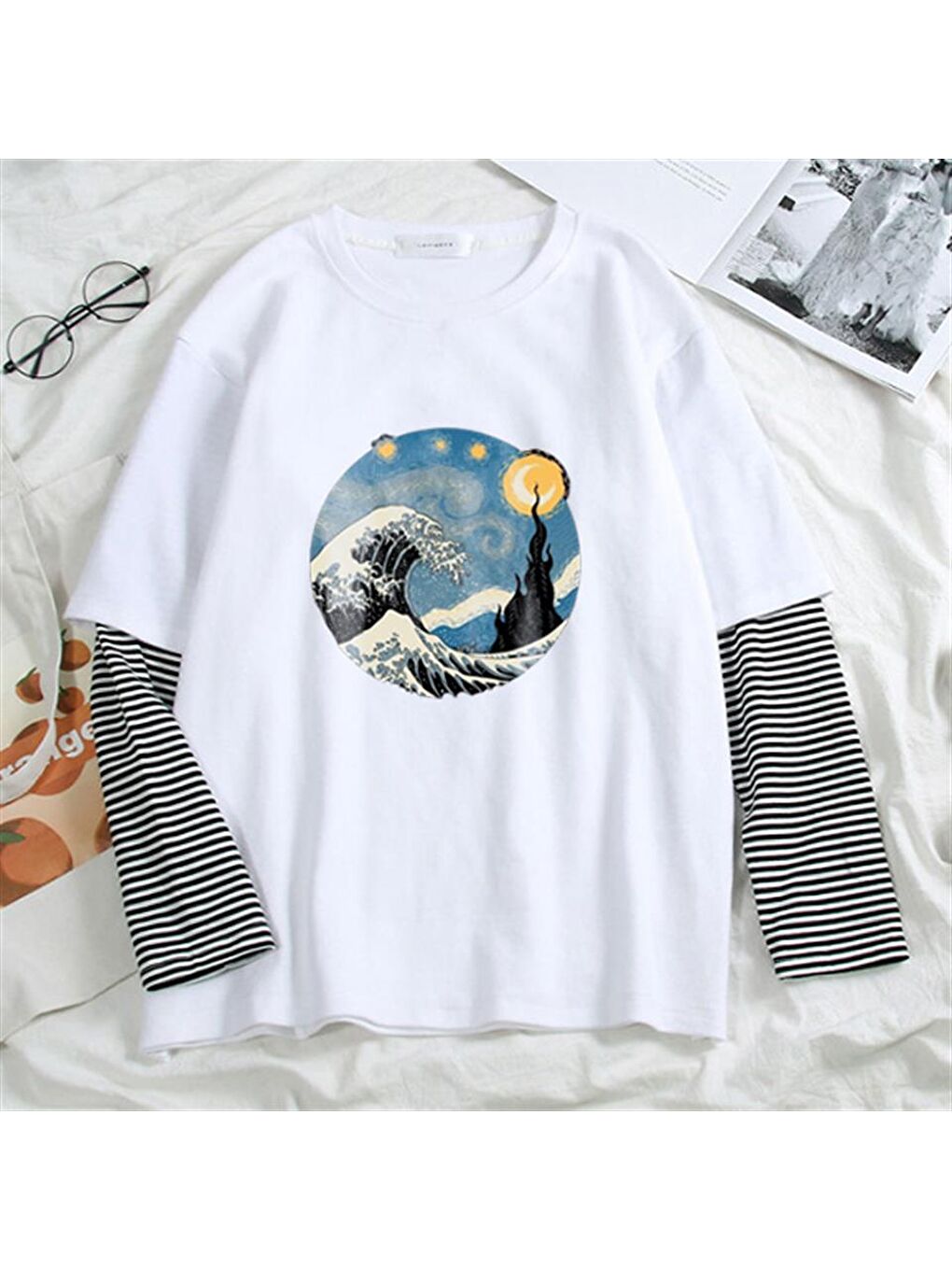 Touz Moda Beyaz Kanagawa Oki Nami Ura Baskılı Fake Sleeves Unisex Beyaz T-shirt - 1