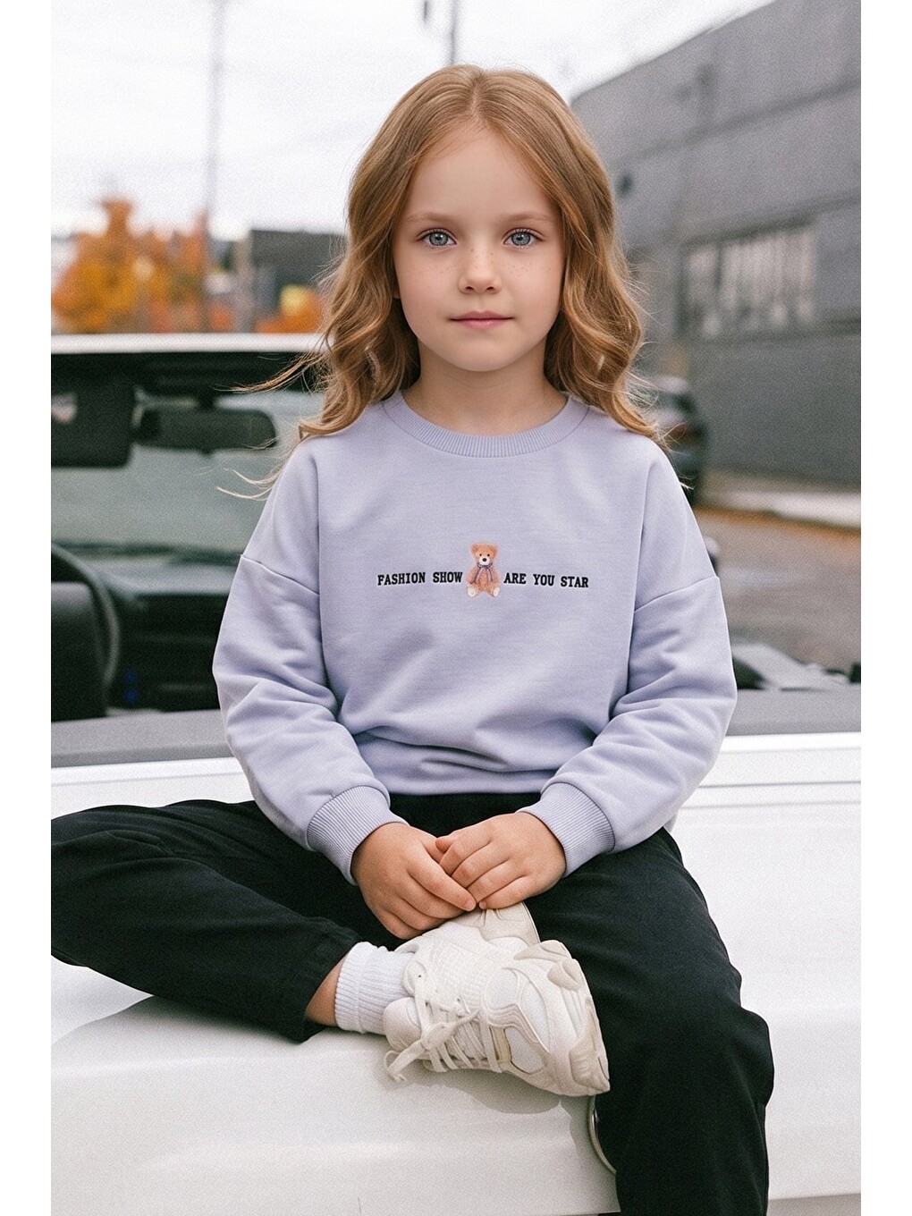 Gri Ayıcık Baskılı Oversize Kız Çocuk Sweatshirt
