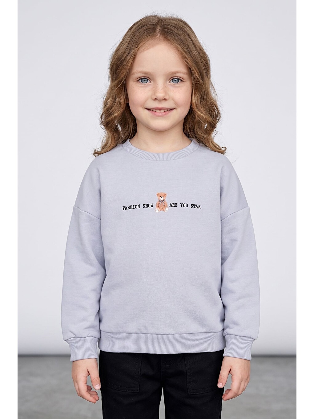 Gri Ayıcık Baskılı Oversize Kız Çocuk Sweatshirt-1