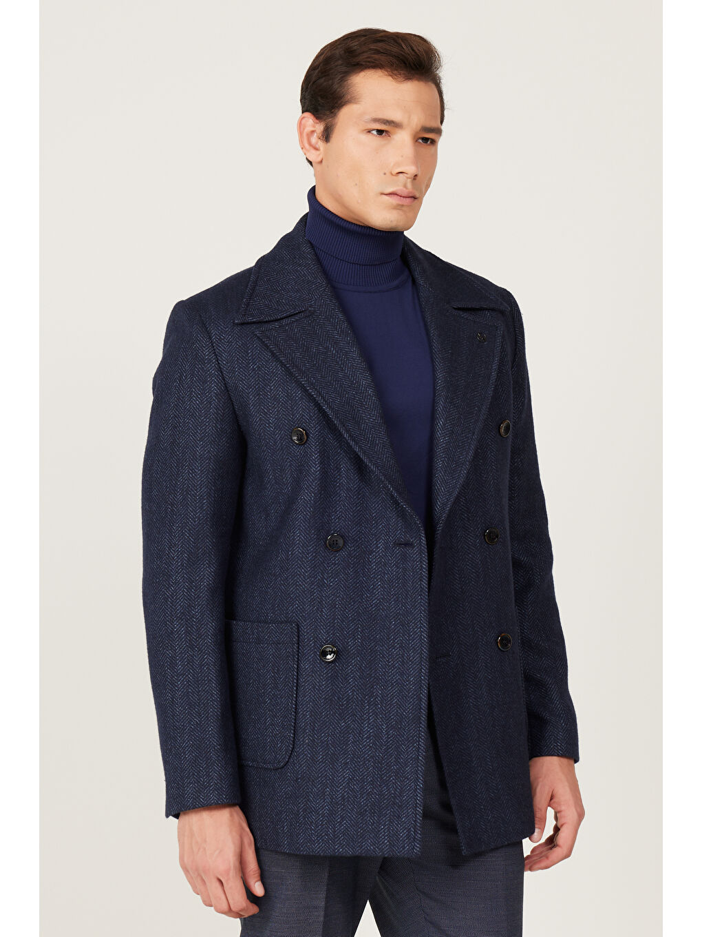 Erkek Lacivert Standart Fit Normal Kesim Mono Yaka Desenli Kaban-2