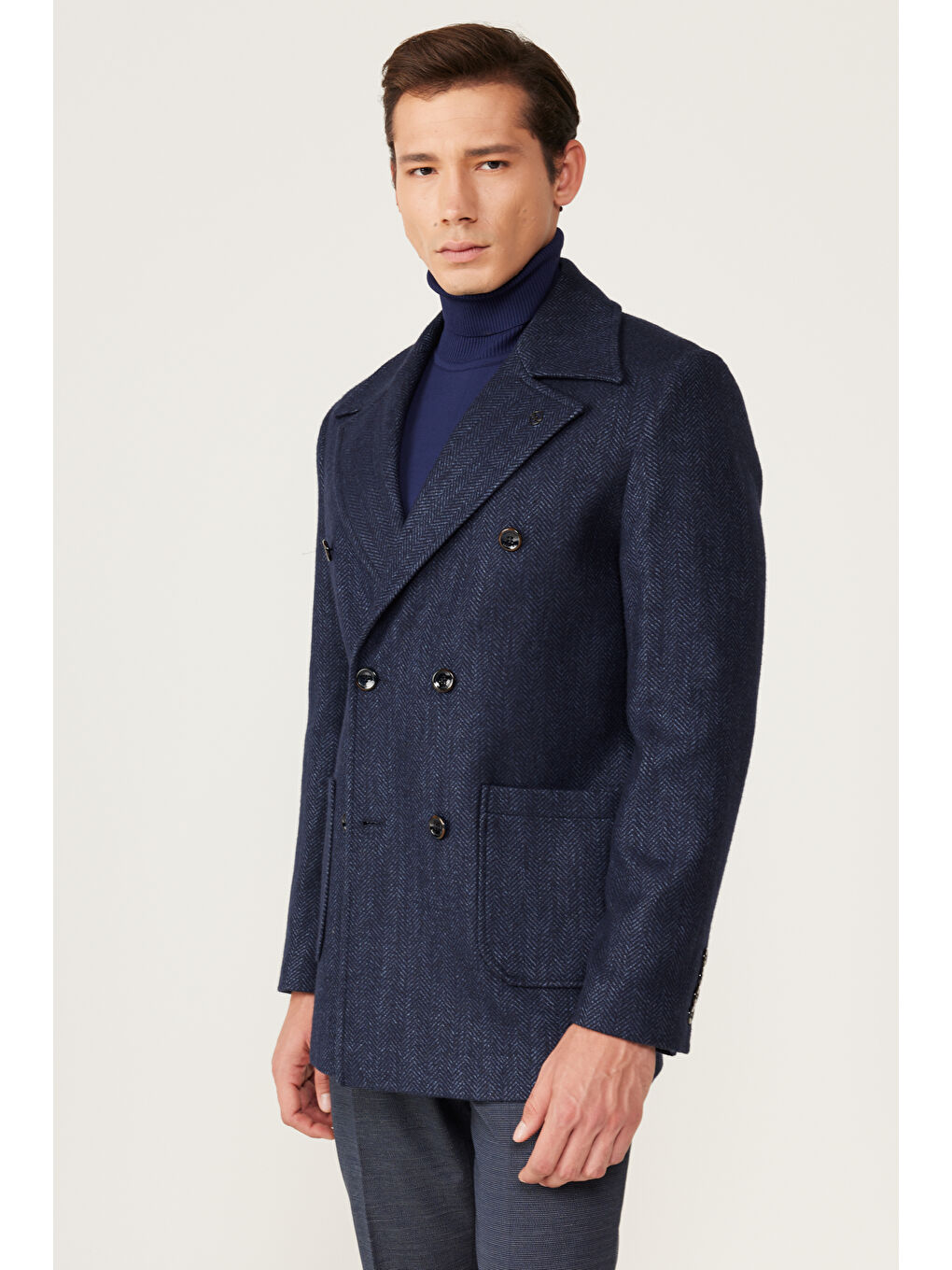 Erkek Lacivert Standart Fit Normal Kesim Mono Yaka Desenli Kaban-5