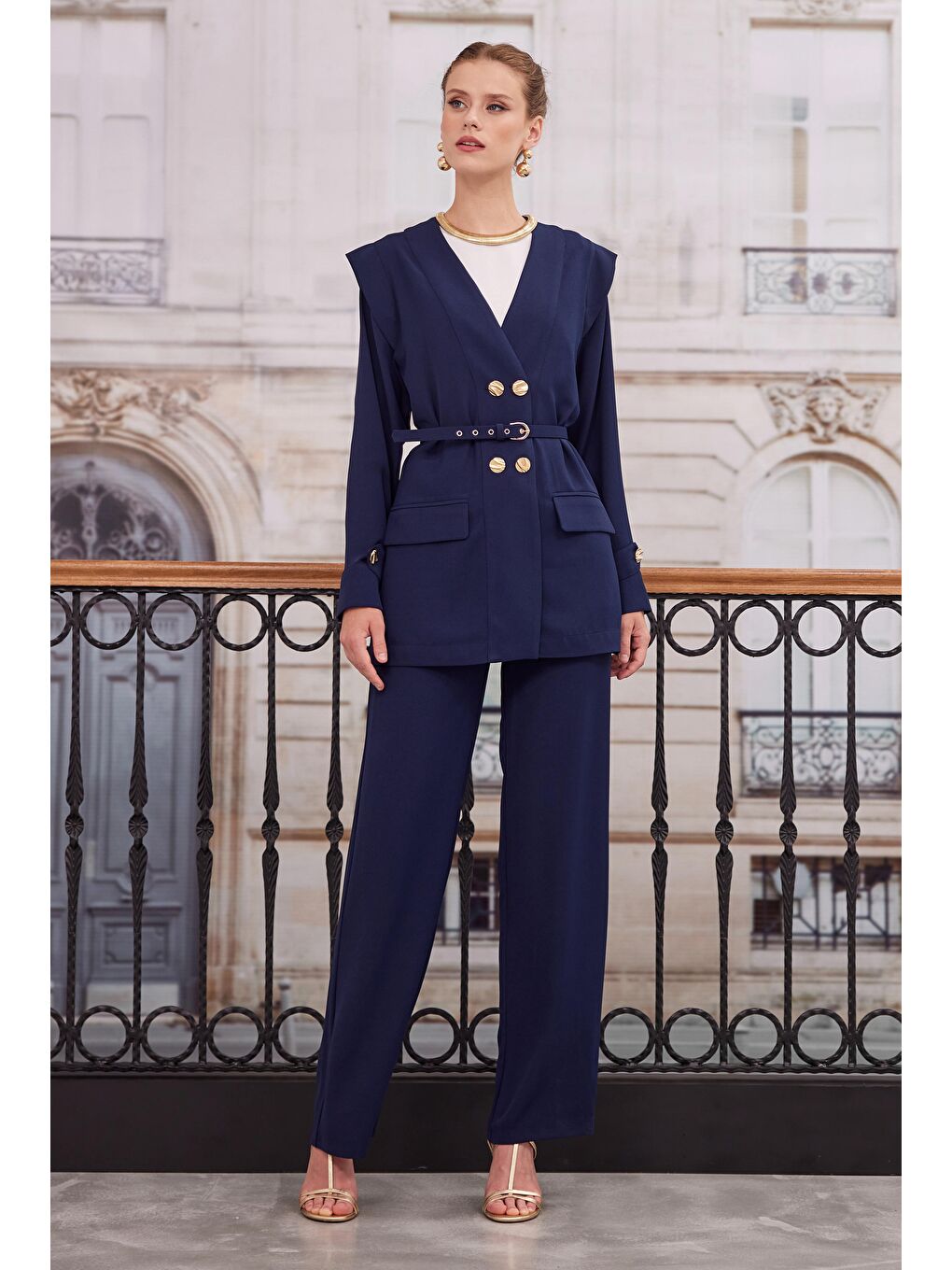 Kruvaze Blazer Ceket Pantolon Takım Lacivert-1