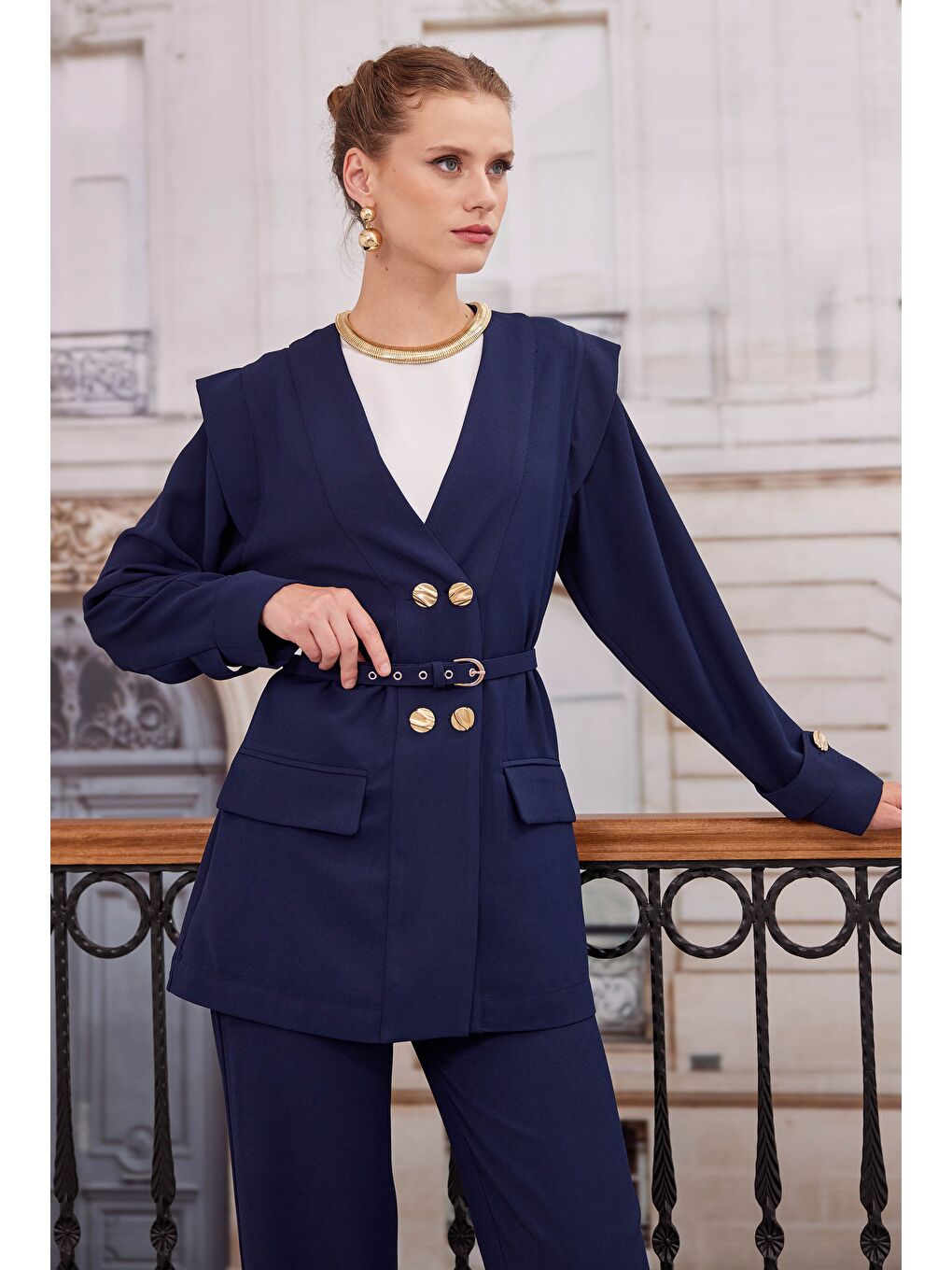 Kruvaze Blazer Ceket Pantolon Takım Lacivert-2