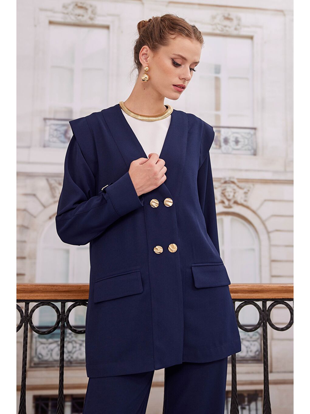 Kruvaze Blazer Ceket Pantolon Takım Lacivert-3