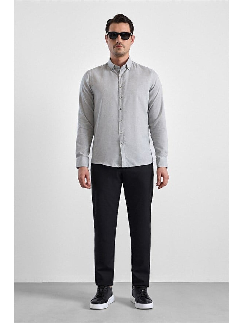 Gri Slim Düğmeli Yaka Düz Cepsiz Casual Gömlek-5
