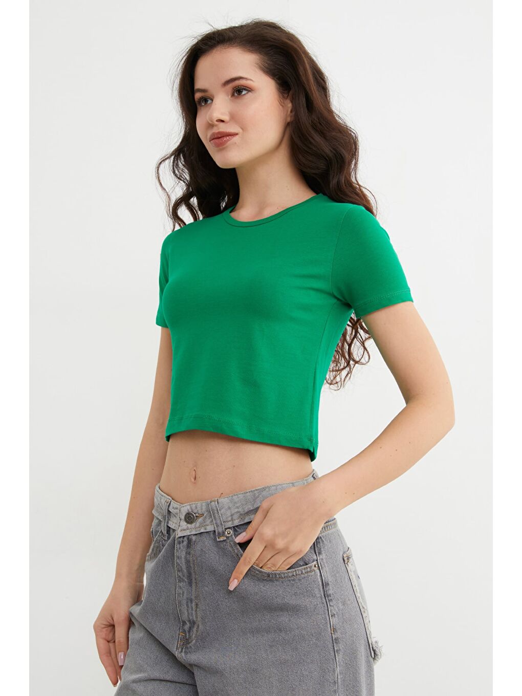 Yeşil Basic Bisiklet Yaka Crop Tişört-1