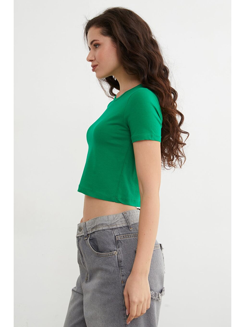 Yeşil Basic Bisiklet Yaka Crop Tişört-2