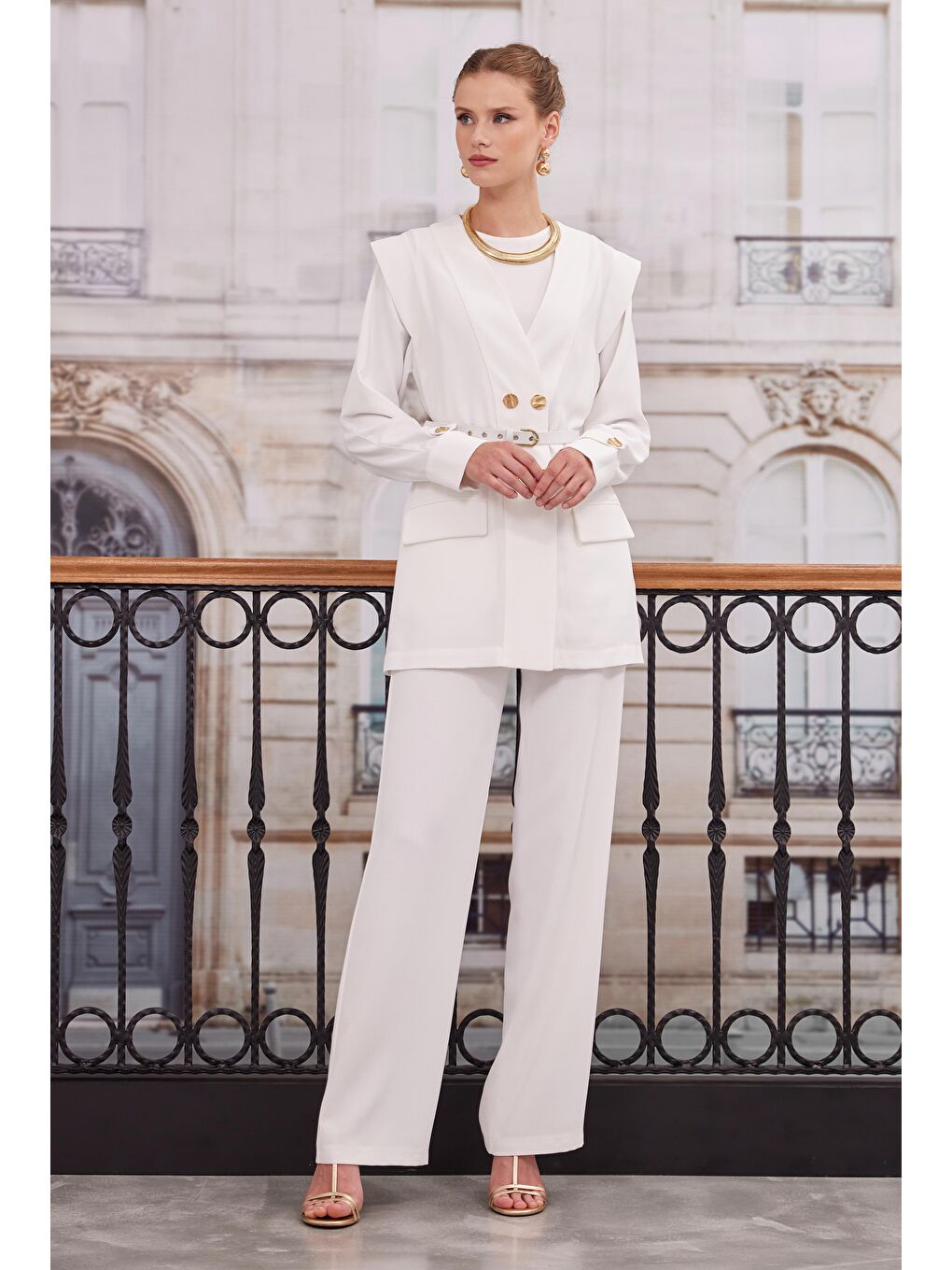 Kruvaze Blazer Ceket Pantolon Takım Kırık Beyaz-1