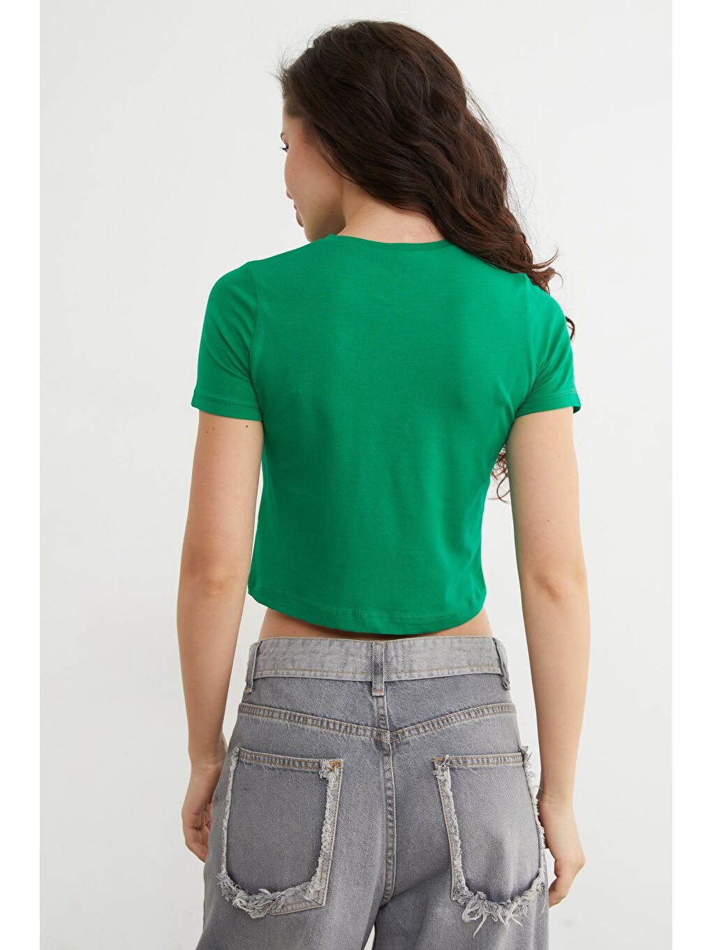 Yeşil Basic Bisiklet Yaka Crop Tişört-3