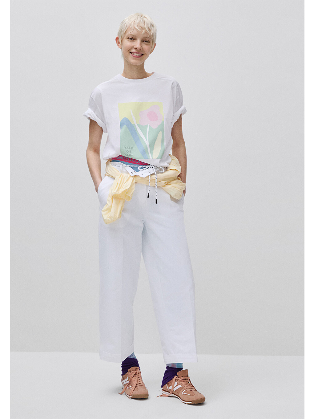 Kadın Beyaz %100 Pamuk Su Bazlı Baskılı Oversize Bisiklet Yaka T-shirt-2