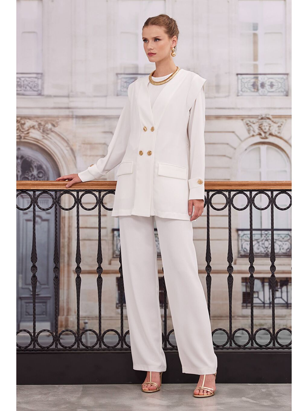 Kruvaze Blazer Ceket Pantolon Takım Kırık Beyaz-2