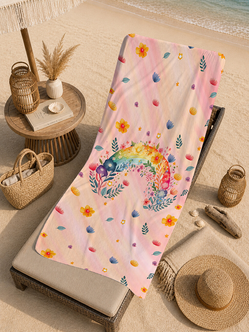 Pastel Pembe Ve Mini Motif Desenli 70x150 Cm Dijital Baskılı Plaj Ve Banyo Havlusu-4