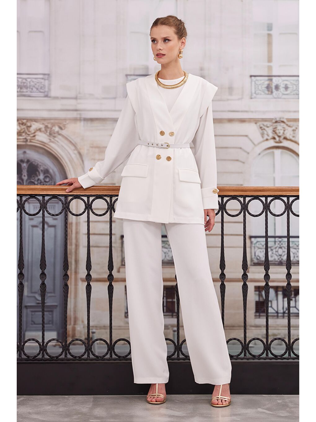 Kruvaze Blazer Ceket Pantolon Takım Kırık Beyaz-3