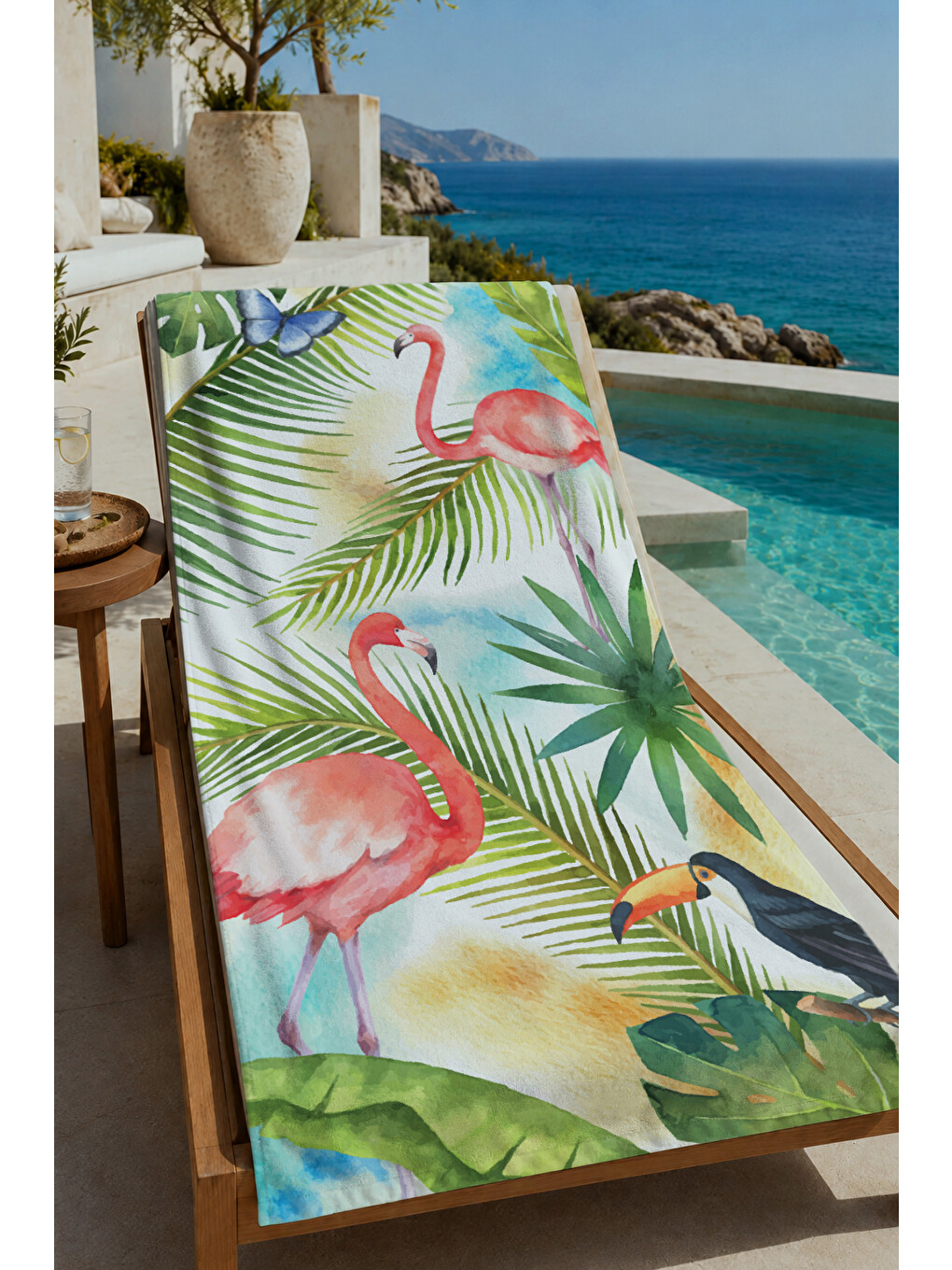 Yeşil Tropikal Yaprak Ve Flamingo Desenli 70x150 Cm Dijital Baskılı Plaj Ve Banyo Havlusu