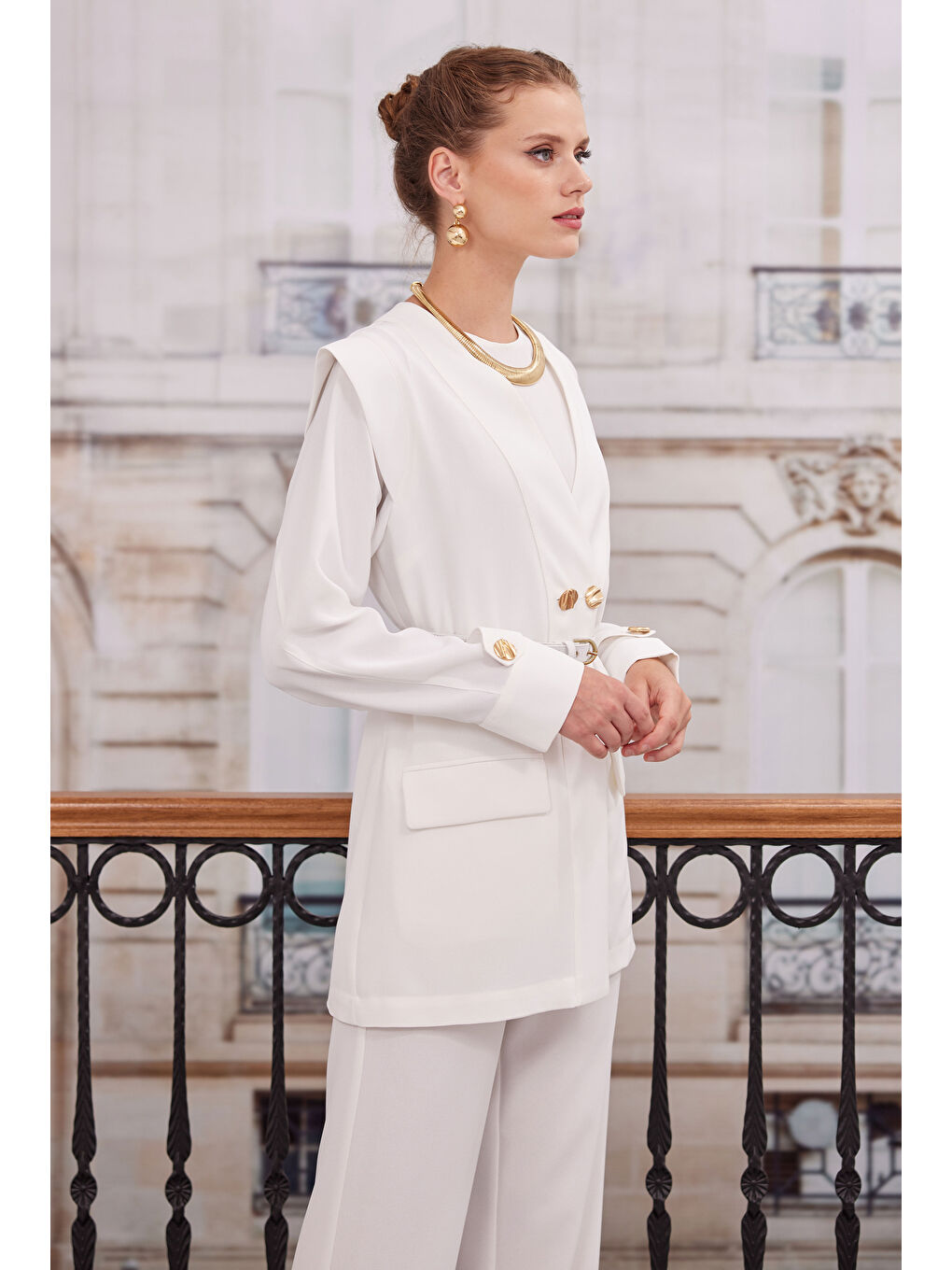 Kruvaze Blazer Ceket Pantolon Takım Kırık Beyaz-4