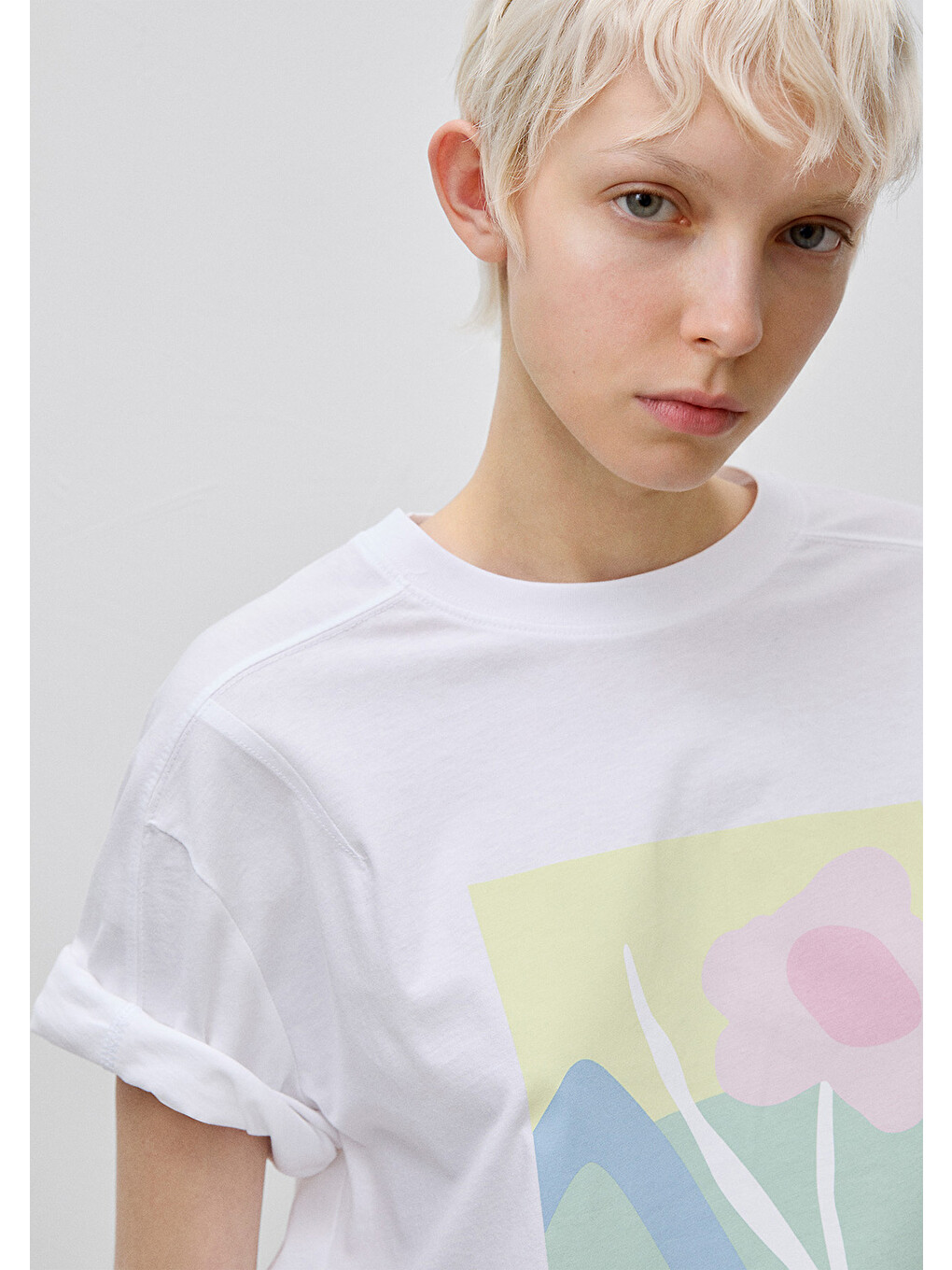 Kadın Beyaz %100 Pamuk Su Bazlı Baskılı Oversize Bisiklet Yaka T-shirt-3