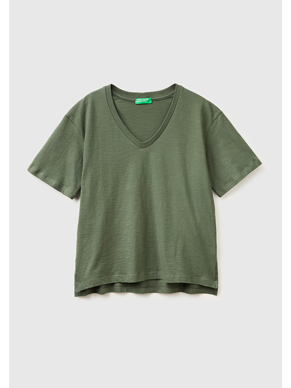 Kadın Haki %100 Pamuk Klasik V Yaka T-Shirt