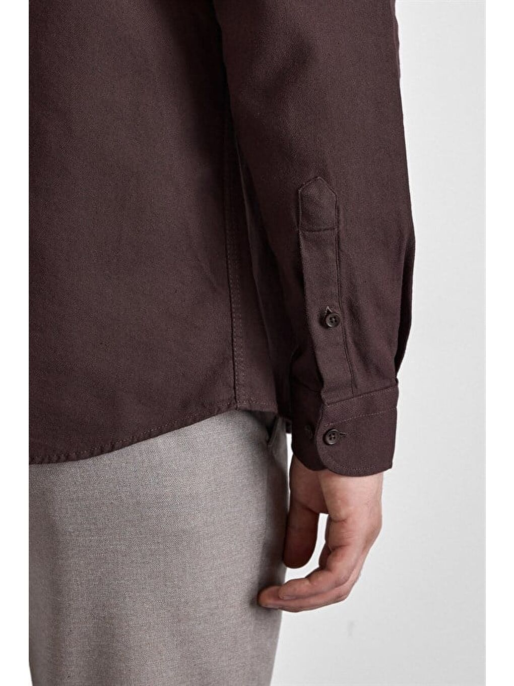 Kahverengi Koyu Kahve Slim Düğmeli Yaka Düz Casual Gömlek-2