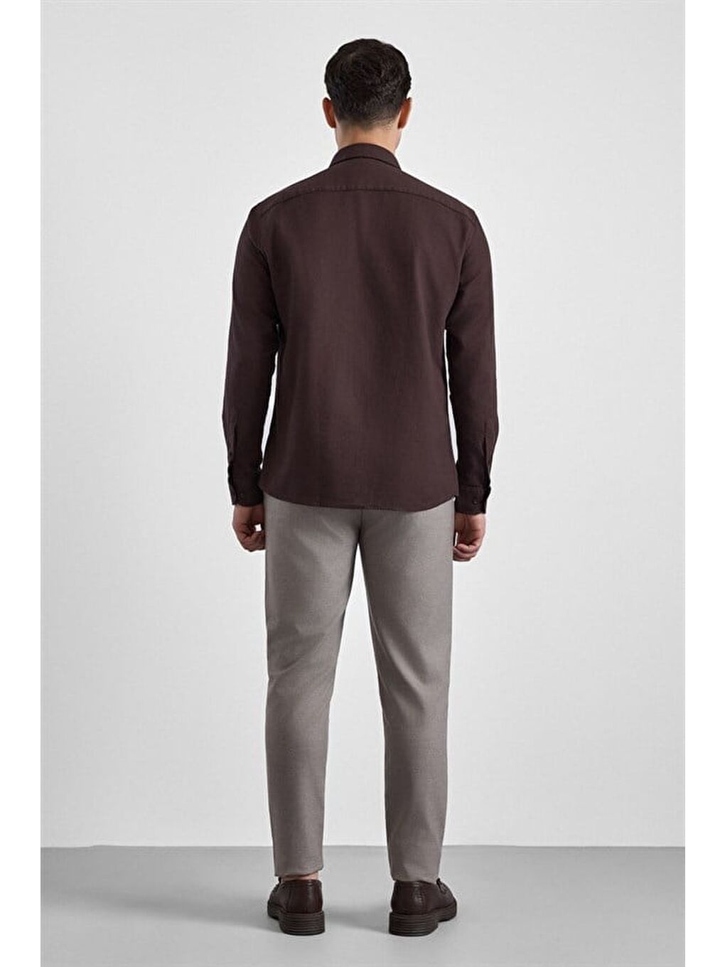 Kahverengi Koyu Kahve Slim Düğmeli Yaka Düz Casual Gömlek-3