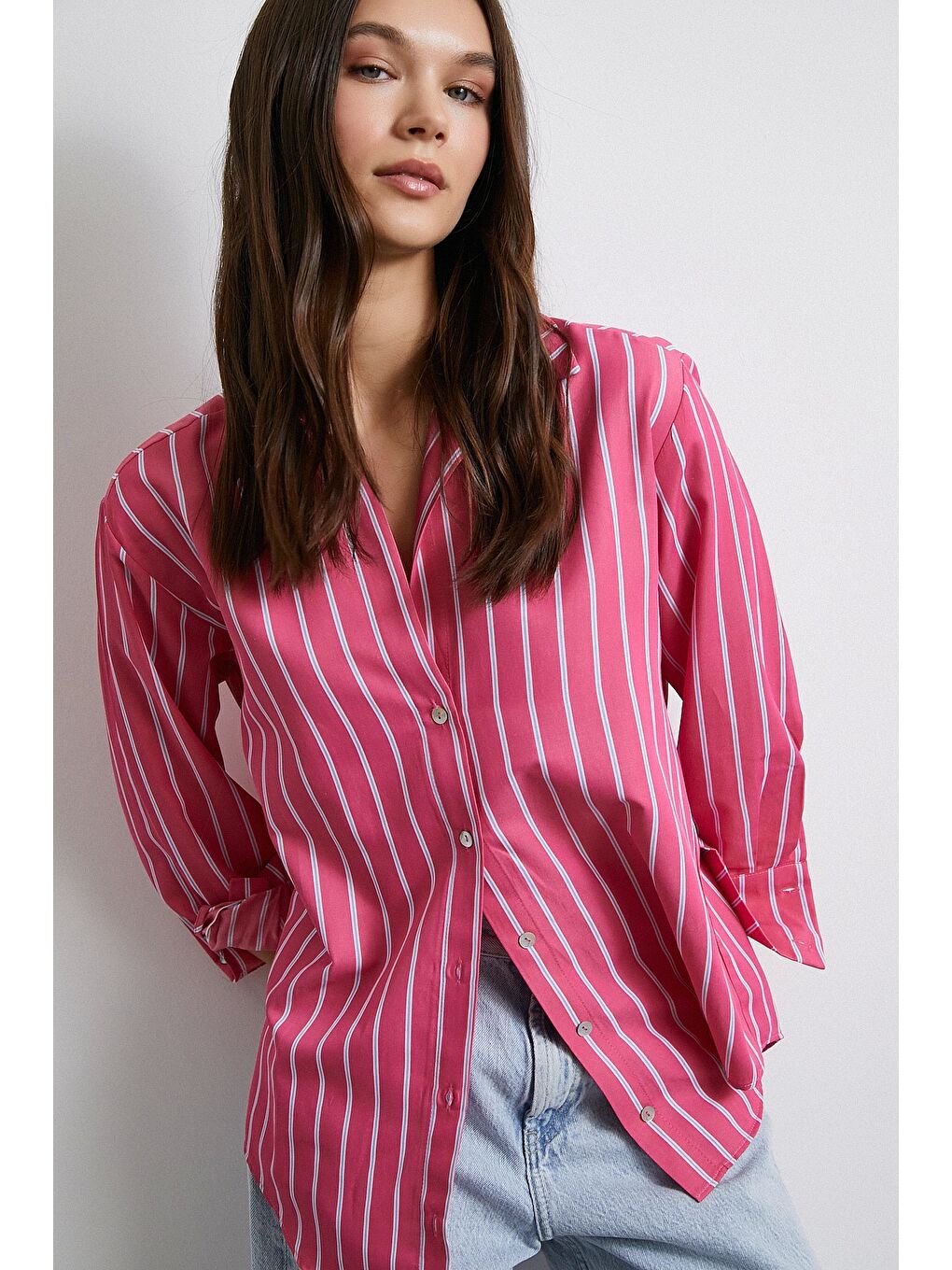Pamuklu Çizgili Gömlek Pembe