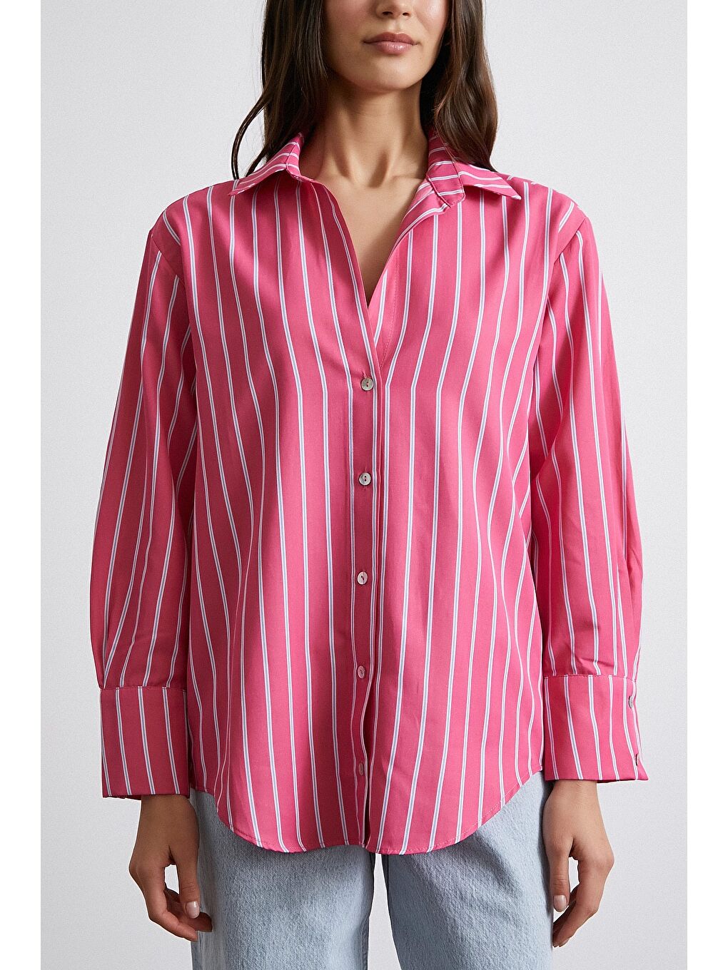 Pamuklu Çizgili Gömlek Pembe-1