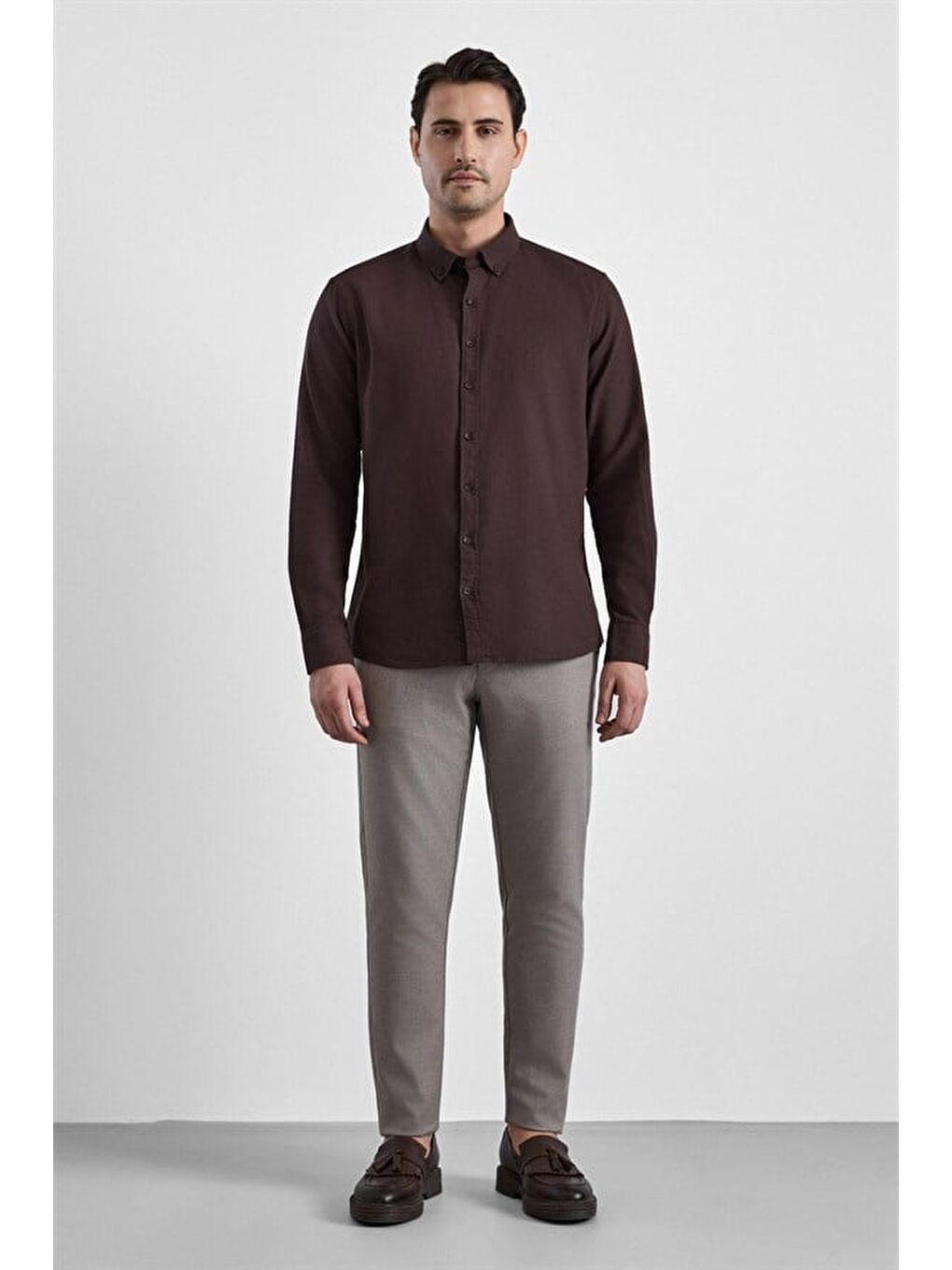 Kahverengi Koyu Kahve Slim Düğmeli Yaka Düz Casual Gömlek-4