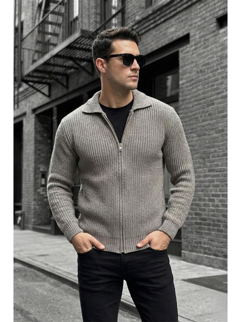 Kahverengi Mams Erkek Slim Fit Fermuarlı Polo Yaka Ribanalı Triko Hırka-1