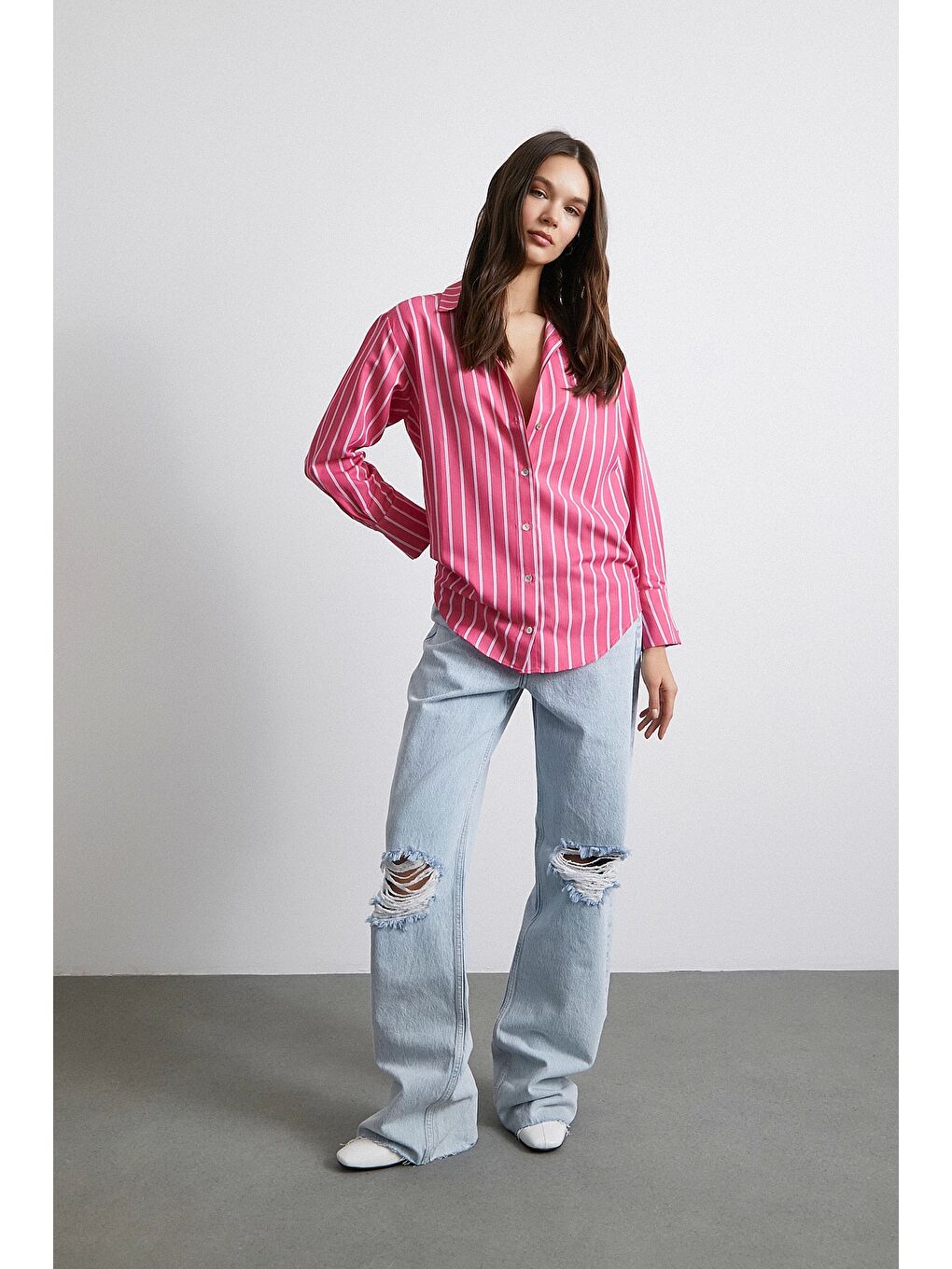 Pamuklu Çizgili Gömlek Pembe-3