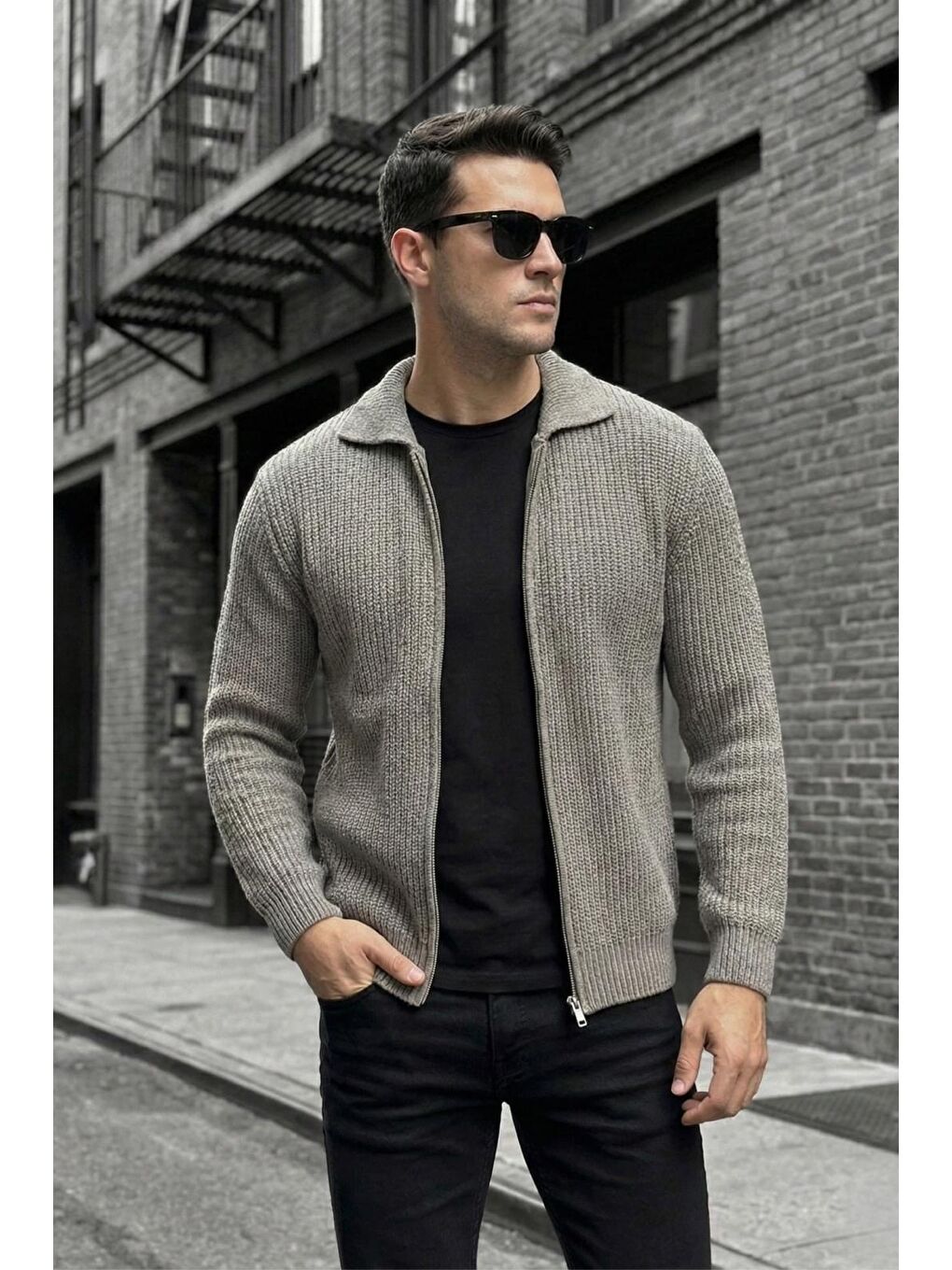 Kahverengi Mams Erkek Slim Fit Fermuarlı Polo Yaka Ribanalı Triko Hırka-2