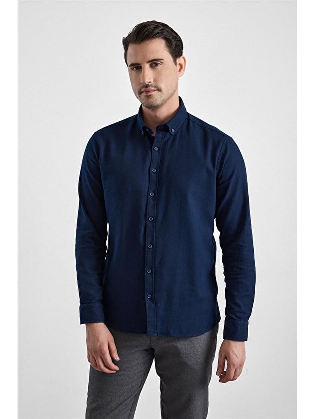 Lacivert Slim Düğmeli Yaka Düz Casual Gömlek