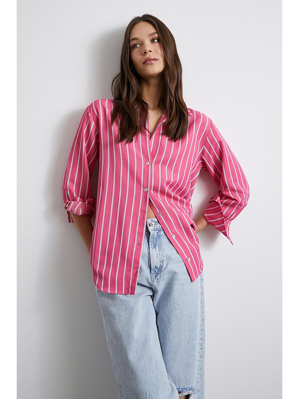 Pamuklu Çizgili Gömlek Pembe-4