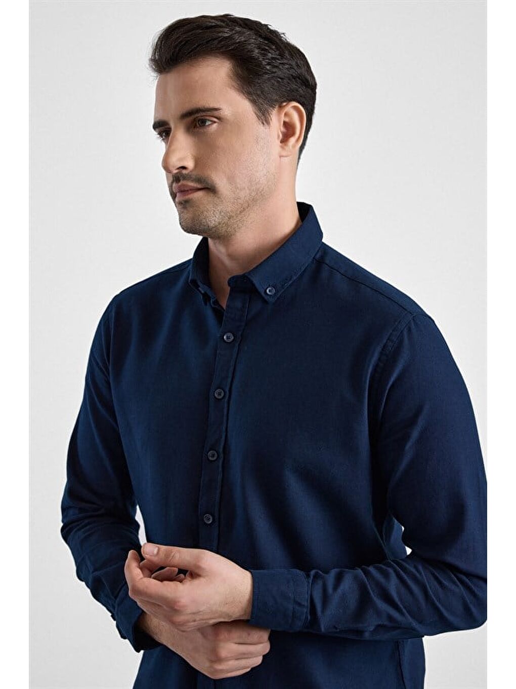 Lacivert Slim Düğmeli Yaka Düz Casual Gömlek-1