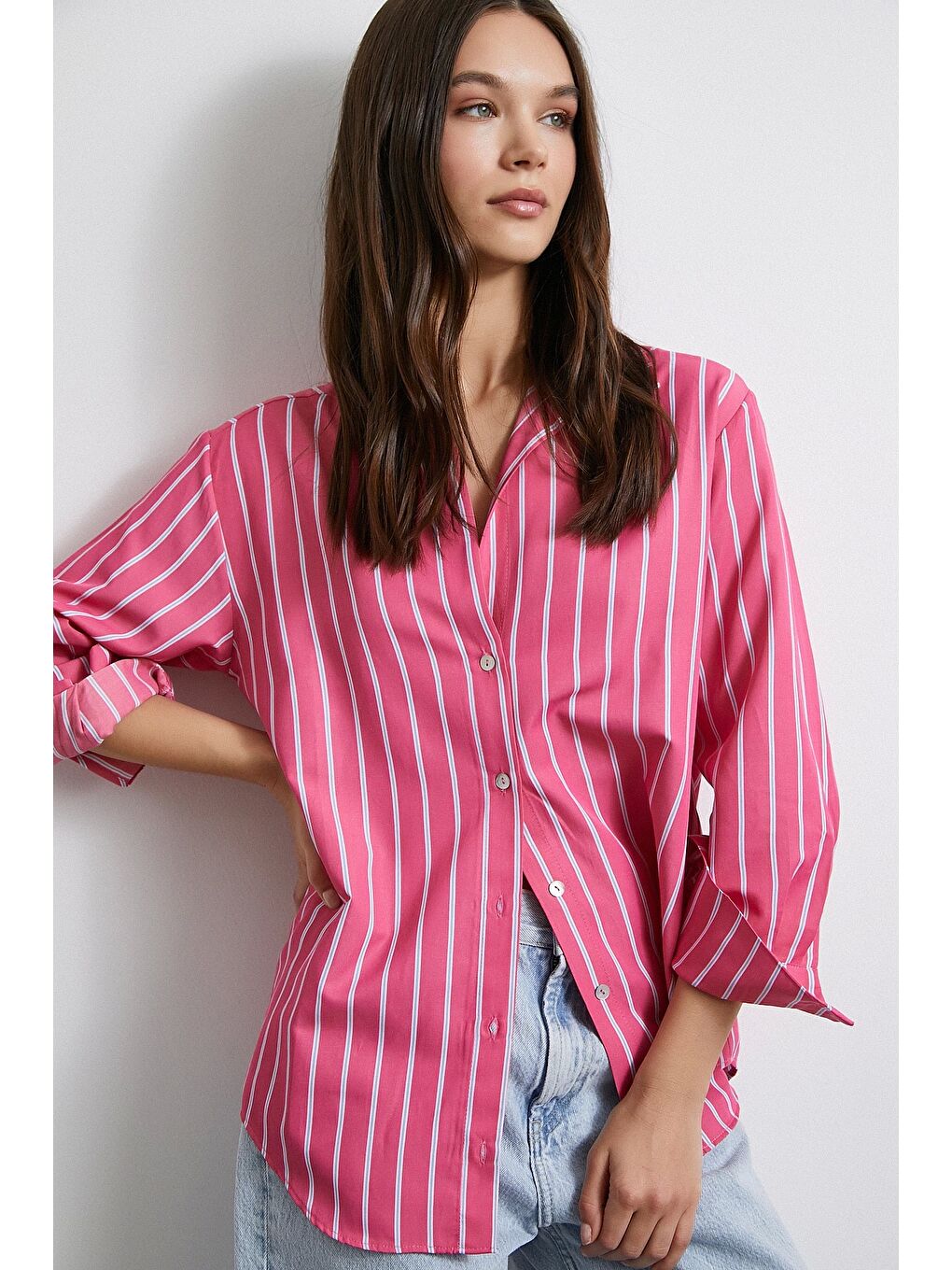 Pamuklu Çizgili Gömlek Pembe-5