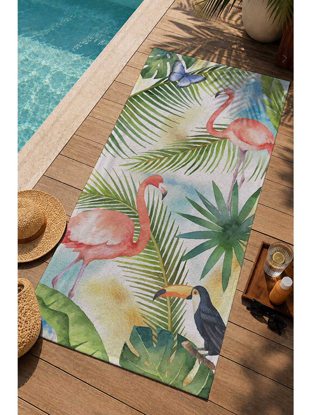 Yeşil Tropikal Yaprak Ve Flamingo Desenli 70x150 Cm Dijital Baskılı Plaj Ve Banyo Havlusu-2