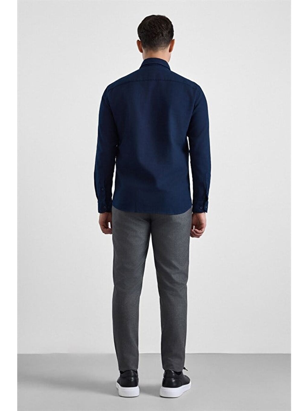 Lacivert Slim Düğmeli Yaka Düz Casual Gömlek-3